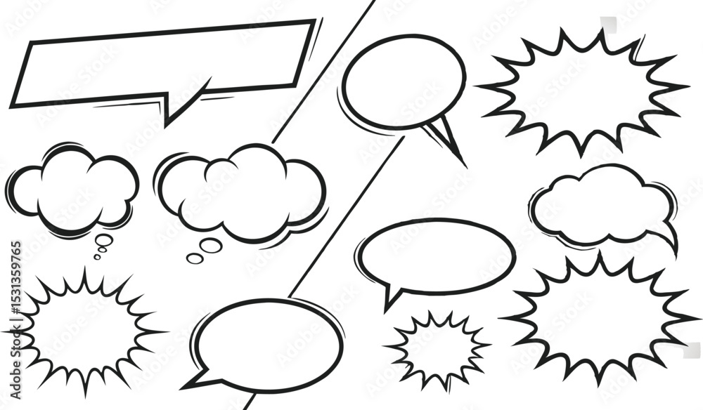 Fototapeta premium Retro empty comic speech bubbles set with black halftone shadows. Vintage design, pop art style - with comic book-style halftone shadows and bold black outlines. stock vector illustration.