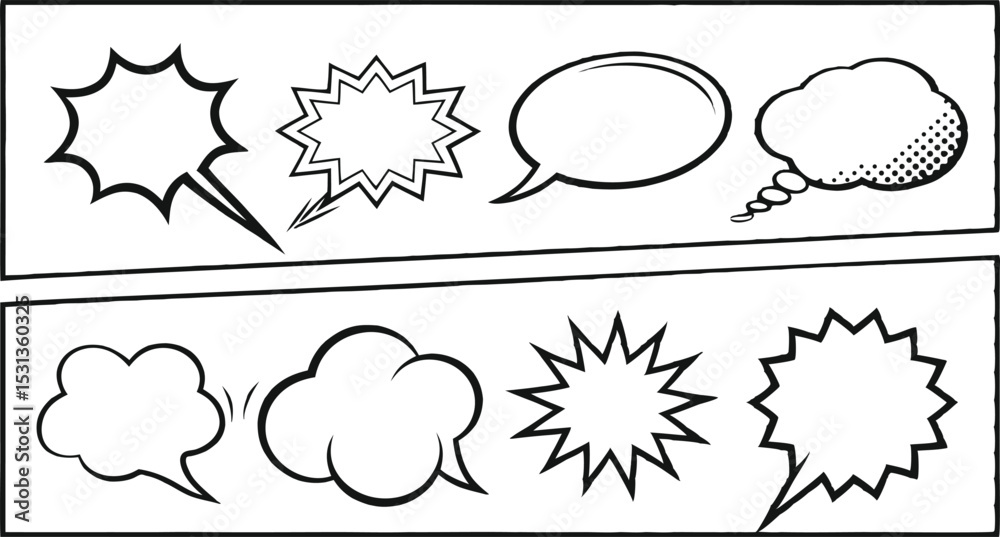 Fototapeta premium Retro empty comic speech bubbles set with black halftone shadows. Vintage design, pop art style - with comic book-style halftone shadows and bold black outlines. stock vector illustration.