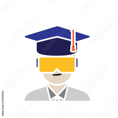 education icon. VR or AR in Education. Students wear VR headsets and wear scholar hats. smart, learning, clever. Flat design style