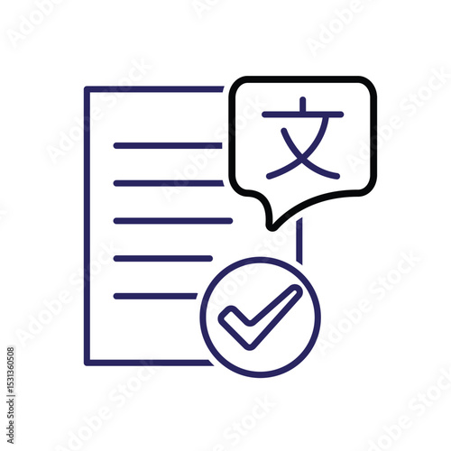 education icon. literature. paper or article with multi language symbol and check mark. smart, learn, clever. Outline design style