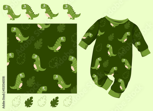 green dinosaur t rex Seamless Pattern design for kids apparel