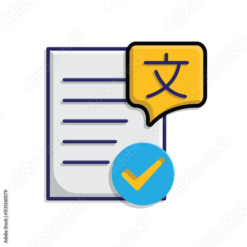 education icon. literature. paper or article with multi language symbol and check mark. smart, learn, clever. isometric design style
