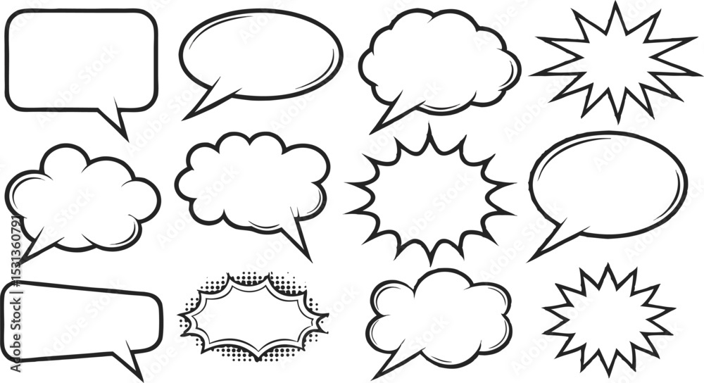 Fototapeta premium Retro empty comic speech bubbles set with black halftone shadows. Vintage design, pop art style - with comic book-style halftone shadows and bold black outlines. stock vector illustration.