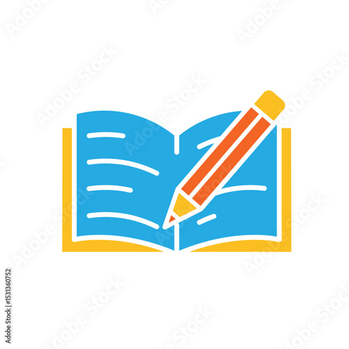 education icon. writing. book with pencil on it as if writing. smart, learning, clever. Flat design style