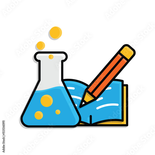 education icon. science experiment. beaker with liquid inside and book. smart, learning, clever. isometric design style