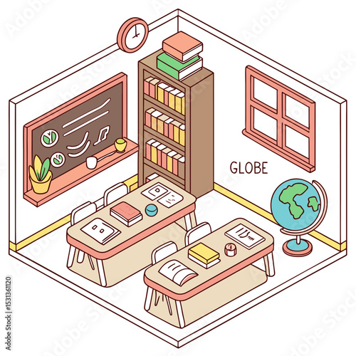 Isometric Classroom Interior with Books Globe and Chalkboard