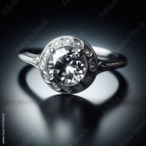 Detailed close-up of vintage-style engagement ring on black background with brilliant diamond reflecting light in a minimalist luxury scene.