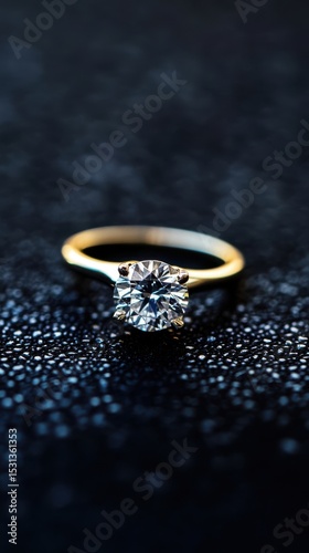 Close-up of sparkling diamond ring with vintage setting on smooth black surface, elegant jewelry concept for engagement or luxury product.