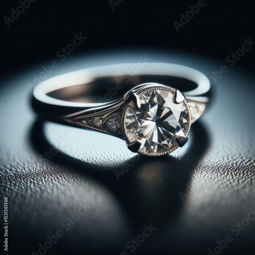 Detailed close-up of vintage-style engagement ring on black background with brilliant diamond reflecting light in a minimalist luxury scene.