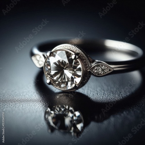 Detailed close-up of vintage-style engagement ring on black background with brilliant diamond reflecting light in a minimalist luxury scene.