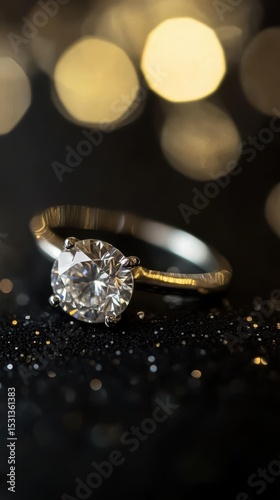 Close-up of sparkling diamond ring with vintage setting on smooth black surface, elegant jewelry concept for engagement or luxury product.