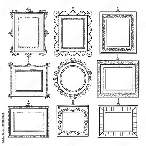 Nine ornate picture frames isolated on transparent background