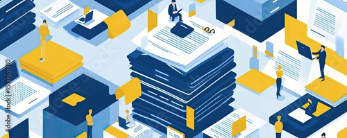 Isometric office scene with numerous documents and people