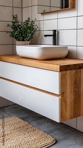Modern Bathroom Interior with White Sink, Wooden Vanity, Black Faucet and Square Tiles for Home Decor Inspiration, Stylish Restroom.