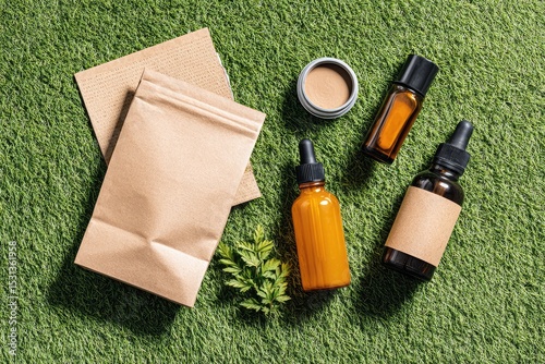 Eco-friendly skincare products on grass