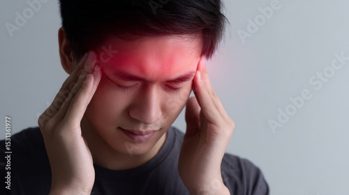 A young man experiences a headache. His hands touch his temples in distress. This image captures the struggle of pain striking a person. It expresses discomfort in a subtle style. AI
