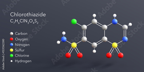 Fototapeta Naklejka Na Ścianę i Meble -  chlorothiazide molecule 3d rendering, flat molecular structure with chemical formula and atoms color coding