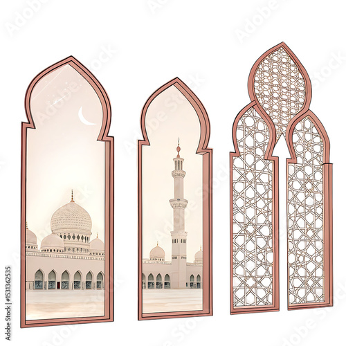 Grand mosque views through ornate arched windows, isolated
