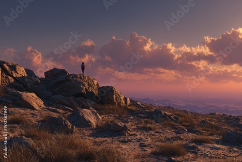 Exploring alien landscapes at dusk with rocky formations and a lone figure against a vibrant sky