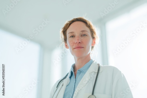 Female doctor in white coat stands confidently in modern medical office with light streaming through large windows during daylight hours