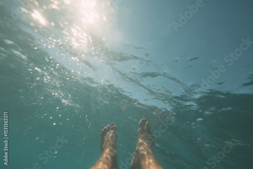 Legs submerged in clear water with sunlight creating shimmering patterns overhead during a calm summer day