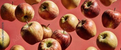 Red and Golden Apples in Suspension on Warm Red Background – Autumn Harvest Still Life.