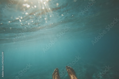 Legs submerged in clear blue water, with sunlight creating a sparkling effect above, evoking a sense of tranquility and relaxation on a warm summer day