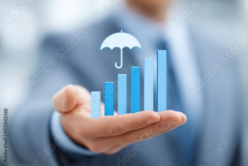 Businessman Holding Graph with Umbrella Symbolizing Protection Concept