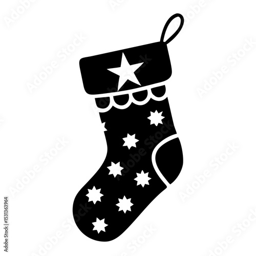 Christmas stocking icon with star and snowflakes. Festive Christmas stocking design features a star and snowflakes. This Christmas stocking image is perfect for holiday cards, gift wrap.