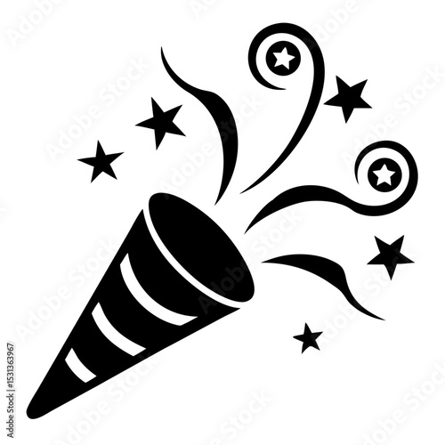 Festive party horn with swirling ribbons and stars. Party horn design includes celebratory elements for joyful occasions. This party horn graphic is perfect for creating invitations.