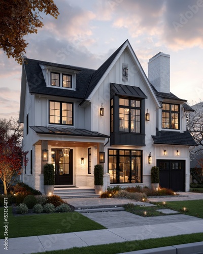 Modern Farmhouse Style Home Exterior at Dusk