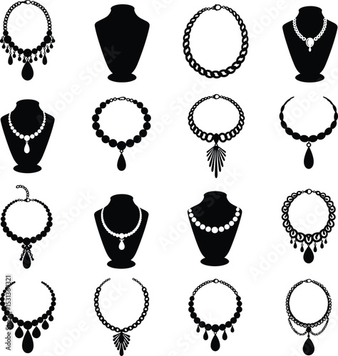 Elegant Vector Necklace & Jewelry Mannequin Silhouettes: Exquisite Pendant Designs, Statement Necklaces, Fashion Accessories on Display for Luxury Themes.