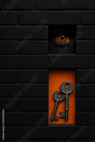 Surreal Brick Wall with Eye Peering Through Upper Opening and Metallic Keys Below on Orange Backdrop – Conceptual Contrast of Surveillance, Mystery, and Hidden Meaning
