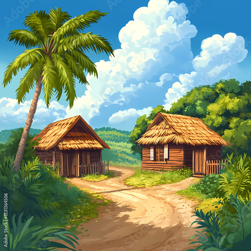 Tropical Village Scene Two Thatched Huts on a Dusty Path isolated on transparent background