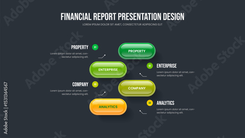 Marketing Showcase Slideshow Design Vector Illustration. Business Report Four Element Diagram Presentation Template. Corporate Introduction 4 Option Infographic Frame Layout.