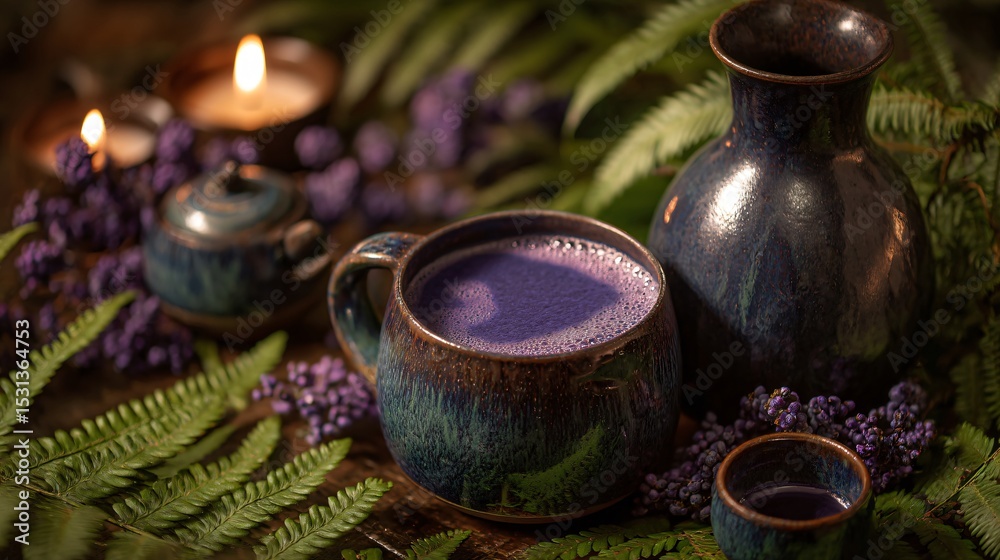 Fototapeta premium Violet-toned mousse and rustic ceramic tea set, surrounded by ferns and candlelight