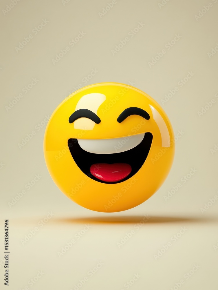 Fototapeta premium A laughing face emoji ball on a yellow background with copy space. Representing positive emotions like joy, happiness, or laughter.