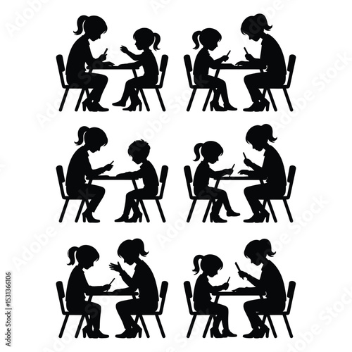 Silhouette illustrations of teacher or adult guiding student at desk in educational setting