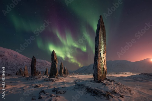 Performing an ancient ritual in a snow-covered landscape under the northern lights at night with stone formations illuminated in Greenland
