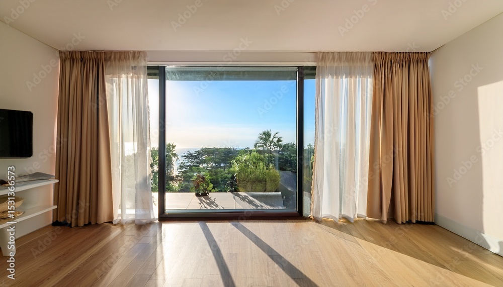 Fototapeta premium a sunny condo interior with modern curtains framing a window overlooking a green park