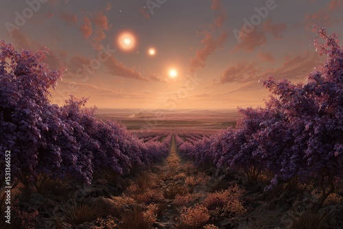 Vineyard on an alien planet at sunset with vibrant purple foliage and three suns illuminating the horizon