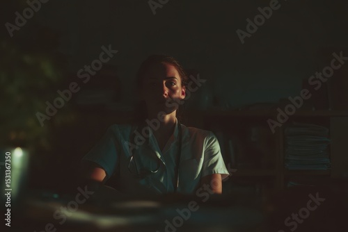 Female medical professional reflects in dimly lit room while contemplating crucial patient care moments during night shift