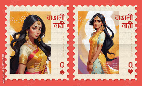 Elegant Bengali Women in Traditional Sarees – Cultural Portrait Stamp Art Illsutration Aesthetic Indian Asian