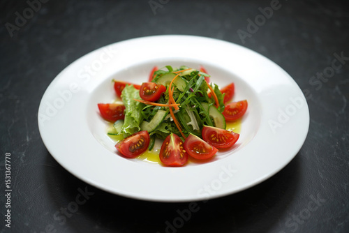 Wallpaper Mural Fresh Green Salad with Red Cherry Tomatoes Cucumber and Shredded Carrot on a White Plate Dark Background Restaurant Food Photography Torontodigital.ca
