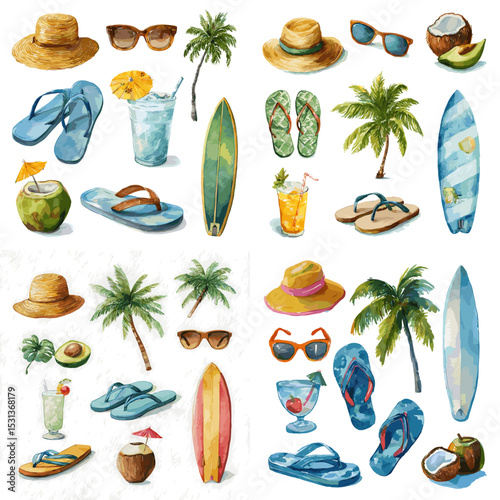Watercolor illustrations of tropical beach items like flip-flops, sunglasses, coconut drinks, surfboards, and palm trees. Ideal for summer designs and travel content.

