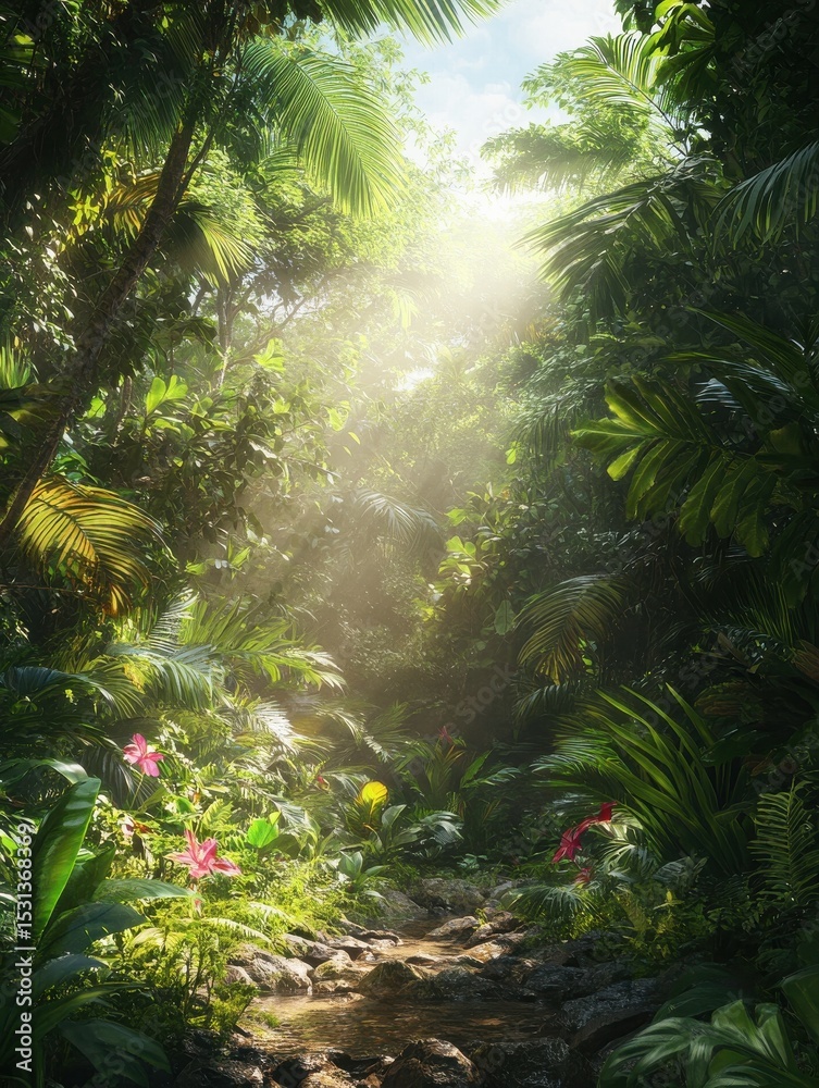 Naklejka premium Lush Tropical Rainforest Sunlight Streaming Through Canopy