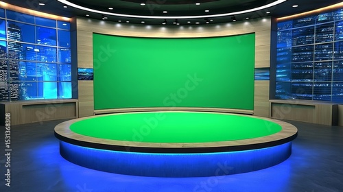 Circular Green Screen Studio Set Night Cityscape Background, virtual studio, chroma key, broadcasting virtual set, green screen