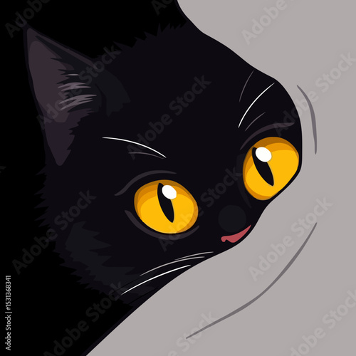 Hiding black cat with yellow eyes vector illustration