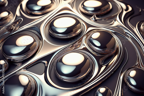 Futuristic 3D abstract background with metallic orbs and swirls