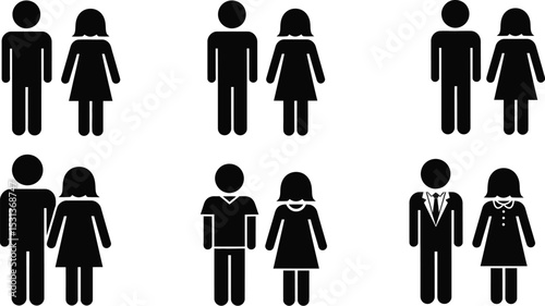 A collection of stick figure couples arranged in rows on a white background representing relationships